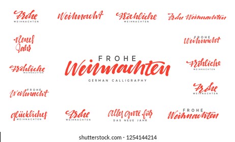 German lettering Frohe Weihnachten, Frohliche Weihnachten. Merry Christmas and Happy New Year, golden red calligraphy