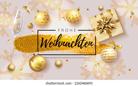 German lettering Frohe Weihnachten - Happy New Year and Merry Christmas. Christmas background with shining gold snowflakes, gifts box,  shining golden and silver luxury color ball Vector Illustration