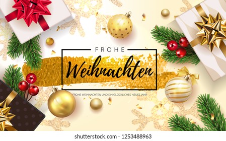 German lettering Frohe Weihnachtenl - Happy New Year and Merry Christmas. Christmas greeting background with gifts box and shining golden and silver snowflakes, ball, fir tree . Vector Illustration