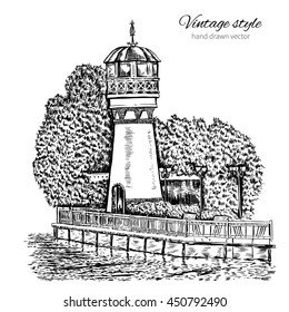 German lighthouse, water tower on shores of lake hand drawn vector illustration isolated on white, vintage engraving style, sketch layout for touristic postcard, poster, calendar template, page idea