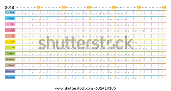 ドイツのリニア18カレンダー 日スケジュール ベクター編集可能なプランナテンプレート 選択した祝日の水平グリッド 日曜日 のベクター画像素材 ロイヤリティフリー