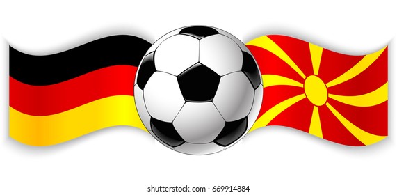 German and Macedonian wavy flags with football ball. Germany combined with Macedonia isolated on white. Football match or international sport competition concept.