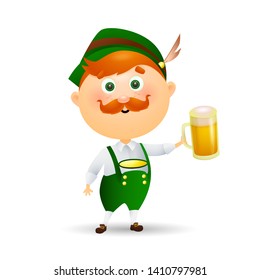 German man with beer. Cartoon character in traditional Bavarian costume holding glass of lager. Beer concept Realistic vector illustration can be used for topics like October fest, bar, party