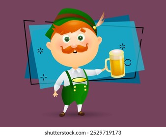 Homem alemão com cerveja. Personagem de desenho animado em traje tradicional da Baviera segurando vidro de lager. Conceito de cerveja Ilustração vetorial realista pode ser usado para tópicos como festa de outubro, bar, festa