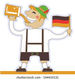 German man drinking beer and holding flag.Vector oktoberfest illustration isolated on white for design