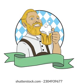 german man holding beer mug, illustration for Oktoberfest, blond man drinking beer. Vector illustration with isolated background.