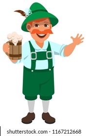 German man in national retro clothes holding wooden mug of beer. Isolated on white vector cartoon illustration