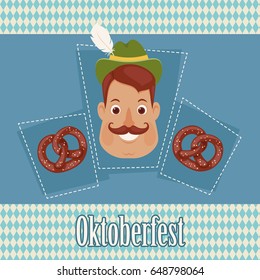 German man with pretzels on Bavarian background. Oktoberfest theme. Vector art. 