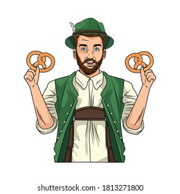 german man wearing tyrolean suit and pretzel vector illustration design