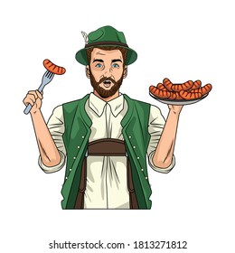 german man wearing tyrolean suit with sausages vector illustration design