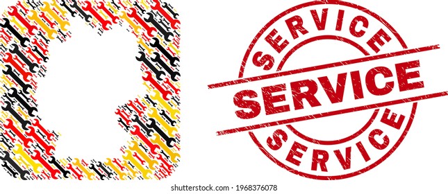German map collage in German flag official colors - red, yellow, black, and distress Service red circle stamp print. Service stamp uses vector lines and arcs.