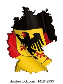 German map cut-out, highly detailed on the edge's shading, with a waving flags underneath. Crest on a separate layer for easy removal.