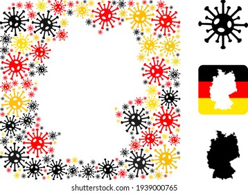 German Map Hole Mosaic of Coronavirus Icons in German Flag Colors