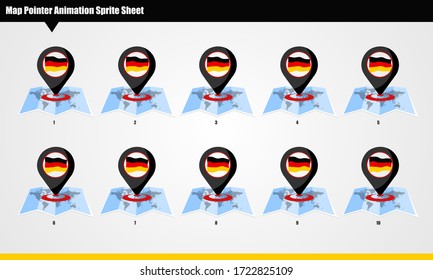 German Map marker with animated flag Sprite Sheet. Smooth waving animation sprites on white background.