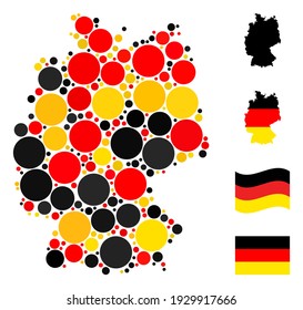 Mosaico de mapa alemán en los colores oficiales de la bandera alemana - rojo, amarillo, negro. Los iconos de círculo llenos de vectores se agrupan en un collage de mapas alemán de mosaicos. Collage patriótico hecho de elementos de círculo llenado plano.