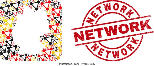 German map mosaic in German flag official colors - red, yellow, black, and grunge Network red round stamp imitation. Network stamp uses vector lines and arcs.
