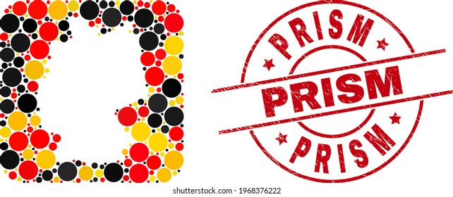 German map mosaic in German flag official colors - red, yellow, black, and rubber Prism red circle stamp print. Prism badge uses vector lines and arcs.