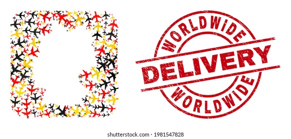 German map mosaic in German flag official colors - red, yellow, black, and unclean Worldwide Delivery red round stamp seal. Worldwide Delivery seal uses vector lines and arcs.