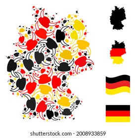 German map mosaic in German flag official colors - red, yellow, black. Vector horned helmet design elements are placed into mosaic German map collage.