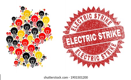 German map mosaic in Germany flag official colors - red, yellow, black, and grunge Electric Strike red rosette badge. Vector electric bulb design elements are organized into mosaic Germany map mosaic.