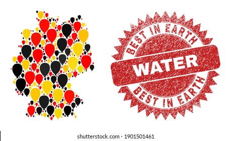 German map mosaic in Germany flag official colors - red, yellow, black, and unclean Best in Earth Water red rosette stamp imitation.