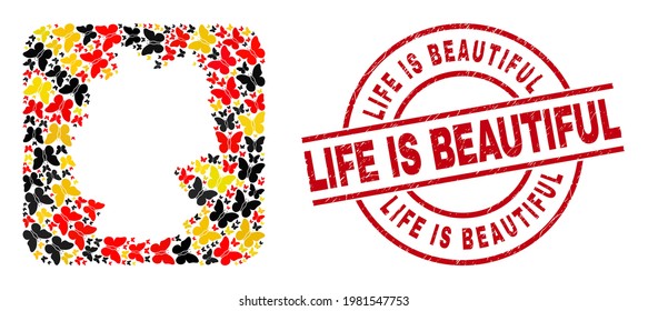 German map mosaic in Germany flag official colors - red, yellow, black, and dirty Life Is Beautiful red circle seal. Life Is Beautiful seal uses vector lines and arcs.