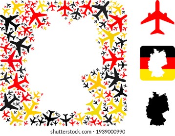 German Map Stencil Mosaic of Airplane Items in German Flag Colors