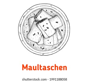 German maultaschen hand drawn vector illustration. Swabian meat pockets top view. Vintage design element. Sketch illustration