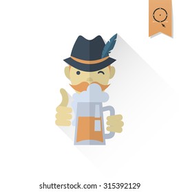 German Men with Beer. Oktoberfest Beer Festival. Long Shadow. Flat design style. Vector