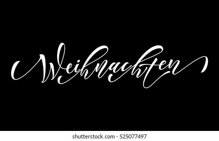 German Merry Christmas Frohe Weihnachten calligraphy text greeting. White vector hand drawn lettering on black background