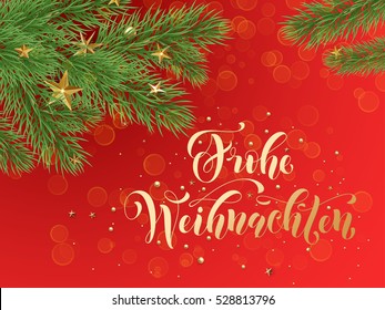 German Merry Christmas Frohe Weihnachten. Golden decoration ornaments of stars and Christmas ball on decorative red background with Christmas tree branches. Merry Christmas text calligraphy lettering 