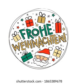 German Merry Christmas logo with Santa Claus and gift boxes. Hand drawn isolated emblem for greeting cards, banner, stickers. Vector illustration for Germany. Translation: Merry Christmas