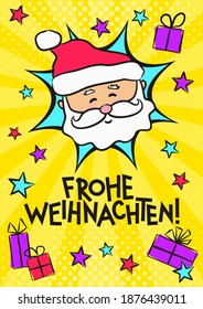 German Merry Christmas pop art banner with Santa Claus. Comic greeting card for Germany with Merry Christmas, gifts and stars. Vector illustration. Translation: Merry Christmas