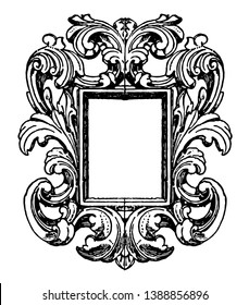 German Mirror-Frame is mirror surrounded by scroll work, vintage line drawing or engraving illustration.
