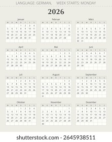 Calendário moderno ALEMÃO para 2026 ano. Ilustração vetorial para a Alemanha (germanic kalender)