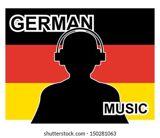 german music concept with a silhouette of a man with headphones and german flag in background 