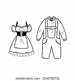 German national dress. Women's dress and men's suit. Oktoberfest outfit. Vector doodle illustration.