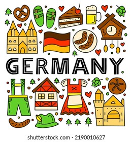 German national landmarks and attractions in doodle style isolated on white background. Welcome poster. Bavarian tourism concept.