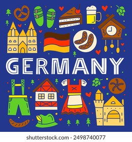 German national landmarks and attractions in doodle style isolated on dark background. Welcome poster. Bavarian tourism concept.