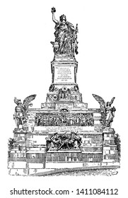 The German National Monument stands on a wooded hillside opposite Bingen and overlooking the Rhine valley, vintage line drawing or engraving illustration.