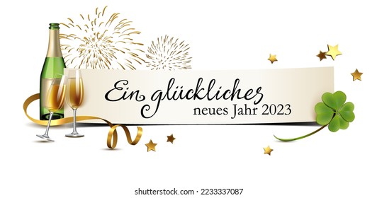 German New Year's greeting card banner with champaign bottle, lucky clover, fireworks and golden ribbons
