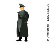 German officer during the world war, the commander is in a cloak or overcoat with binoculars on his chest, hands behind his back. Drawing, vector.