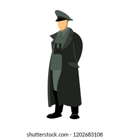 German officer during the world war, the commander is in a cloak or overcoat with binoculars on his chest, hands behind his back. Drawing, vector.