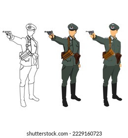 Deutscher Offizier, Leutnant während des Zweiten Weltkriegs. Ein Parabellum, gekleidet in einer Felduniform, schießt von einer Pistole. Zeichnung in drei Typen. Umriss, mit und ohne Umriss