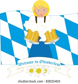 German Oktoberfest - girl with beer mugs and typical Bavarian flowers