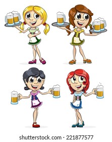  German Oktoberfest girls in traditional costume with a glasses of beer on white background. Cheerful cartoon characters