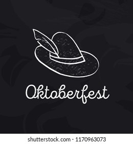 German Oktoberfest hunter's hat with feather decorated by ribbon. Doodle icon for Oktober festival. Vector illustration hand-drawn by chalk on blackboard.