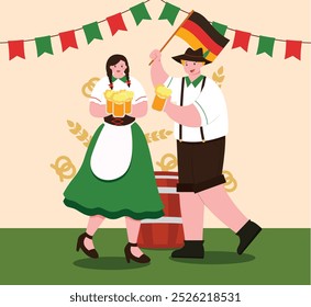 German Oktoberfest. Male and Female Characters Wear Bavarian Costume and Dress Holding Beer Mugs, Dance, Celebrate Beer Festival, Beer drum at backend with symbols. Cartoon People Vector Illustration