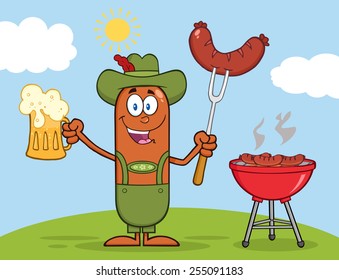 German Oktoberfest Sausage Cartoon Character Holding A Beer And Weenie Next To BBQ. Vector Illustration 