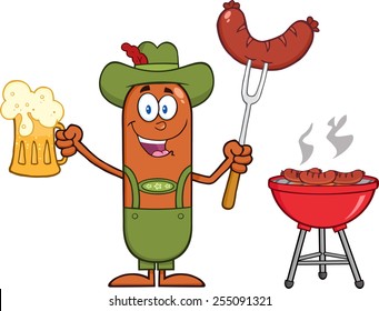 German Oktoberfest Sausage Cartoon Character Holding A Beer And Weenie Next To BBQ. Vector Illustration Isolated On White